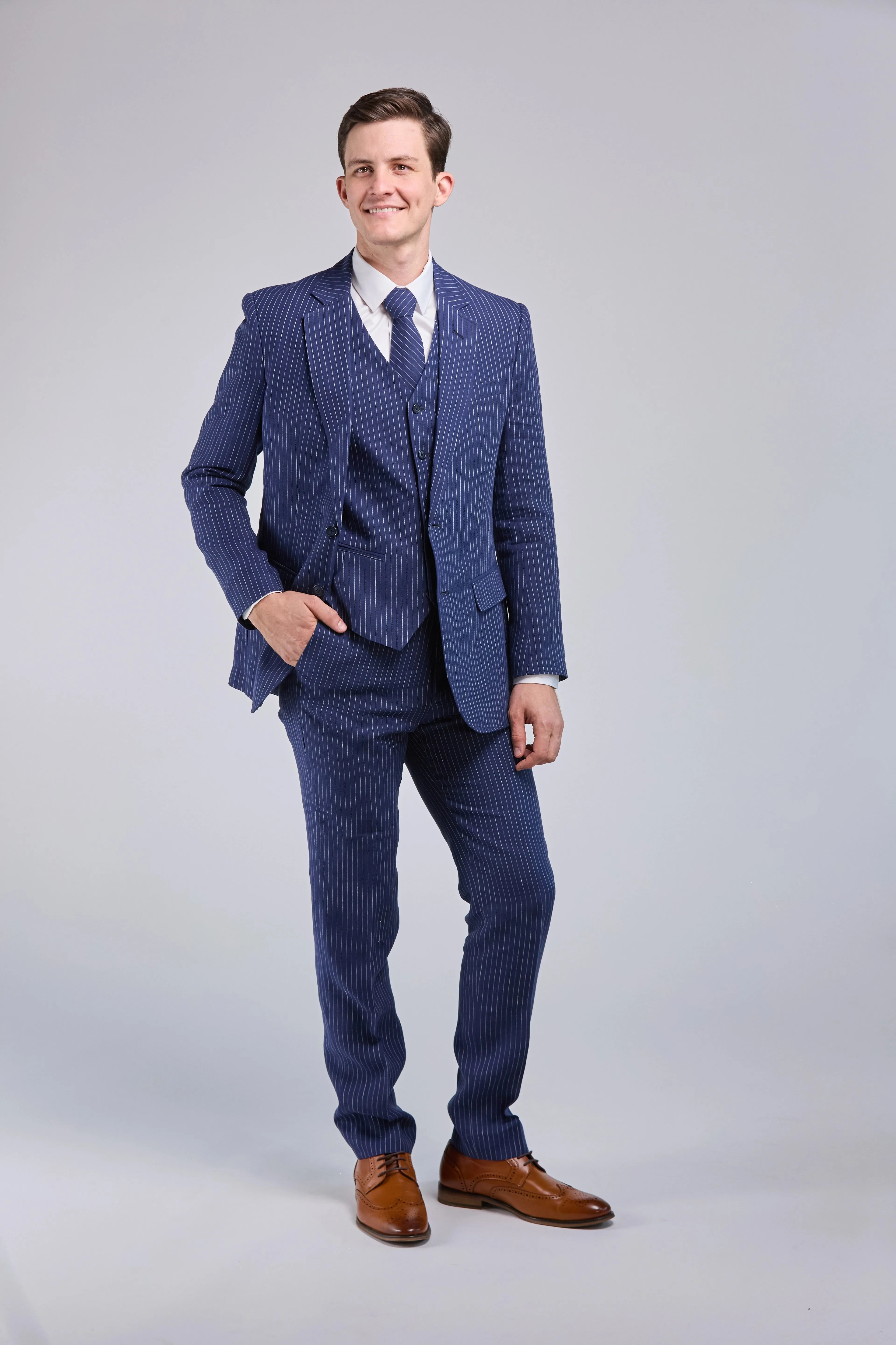 Navy Pinstripe Linen 3 Piece Suit