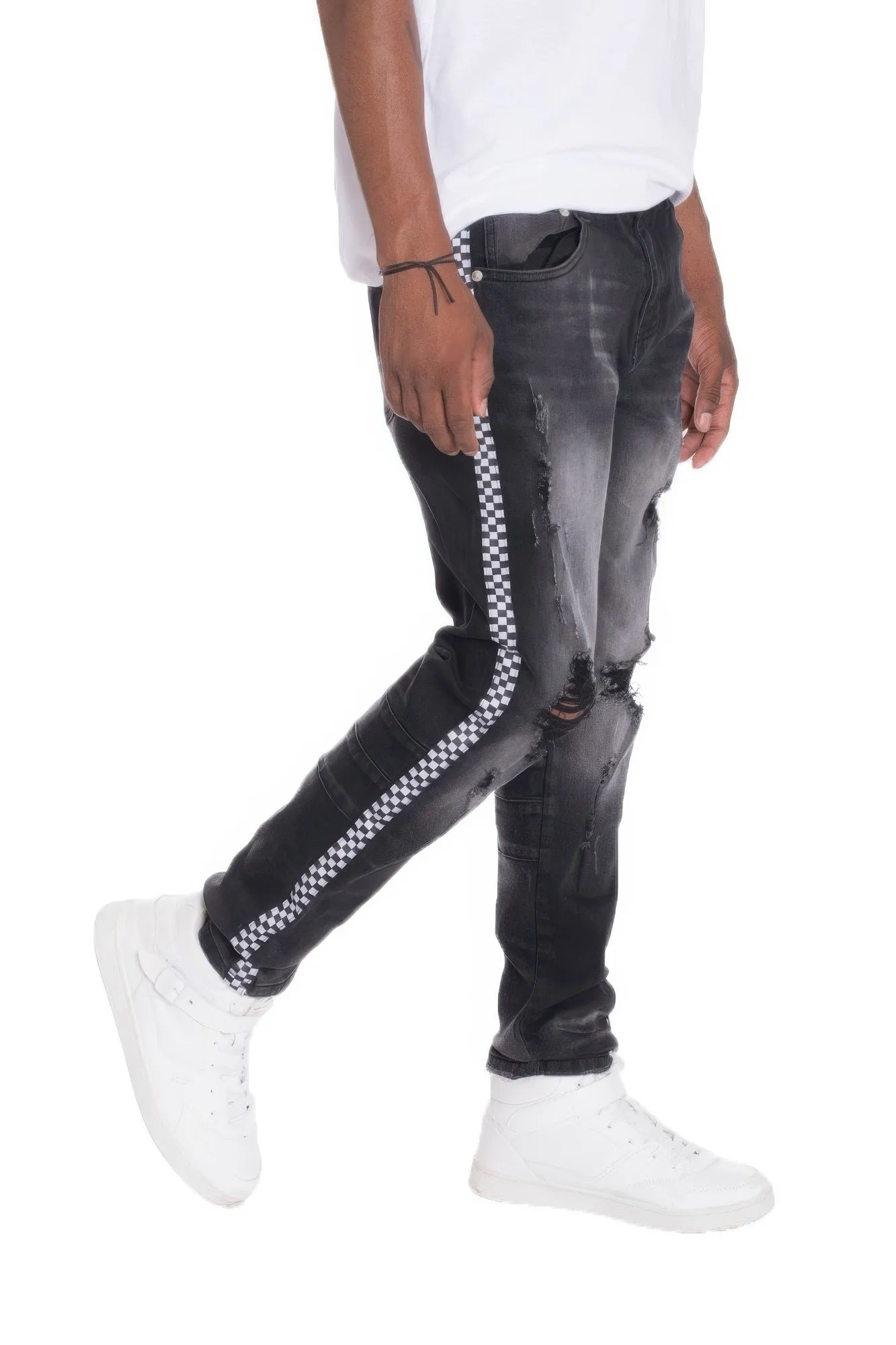 NicholesGifts Men Distressed Denim Checkered Tape