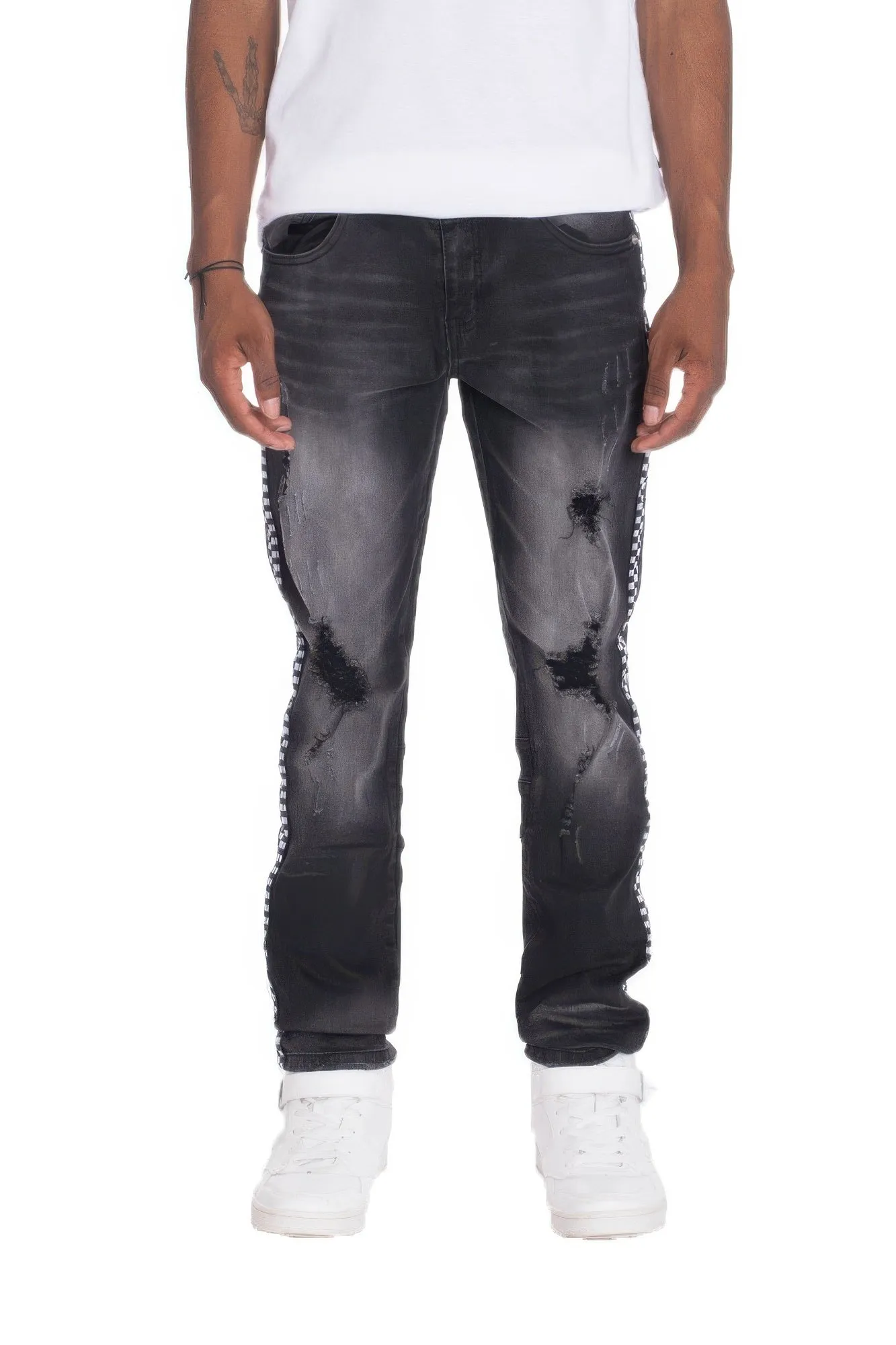 NicholesGifts Men Distressed Denim Checkered Tape