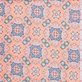 Peach/Turquoise Art Deco Medallion Crepon Fabric