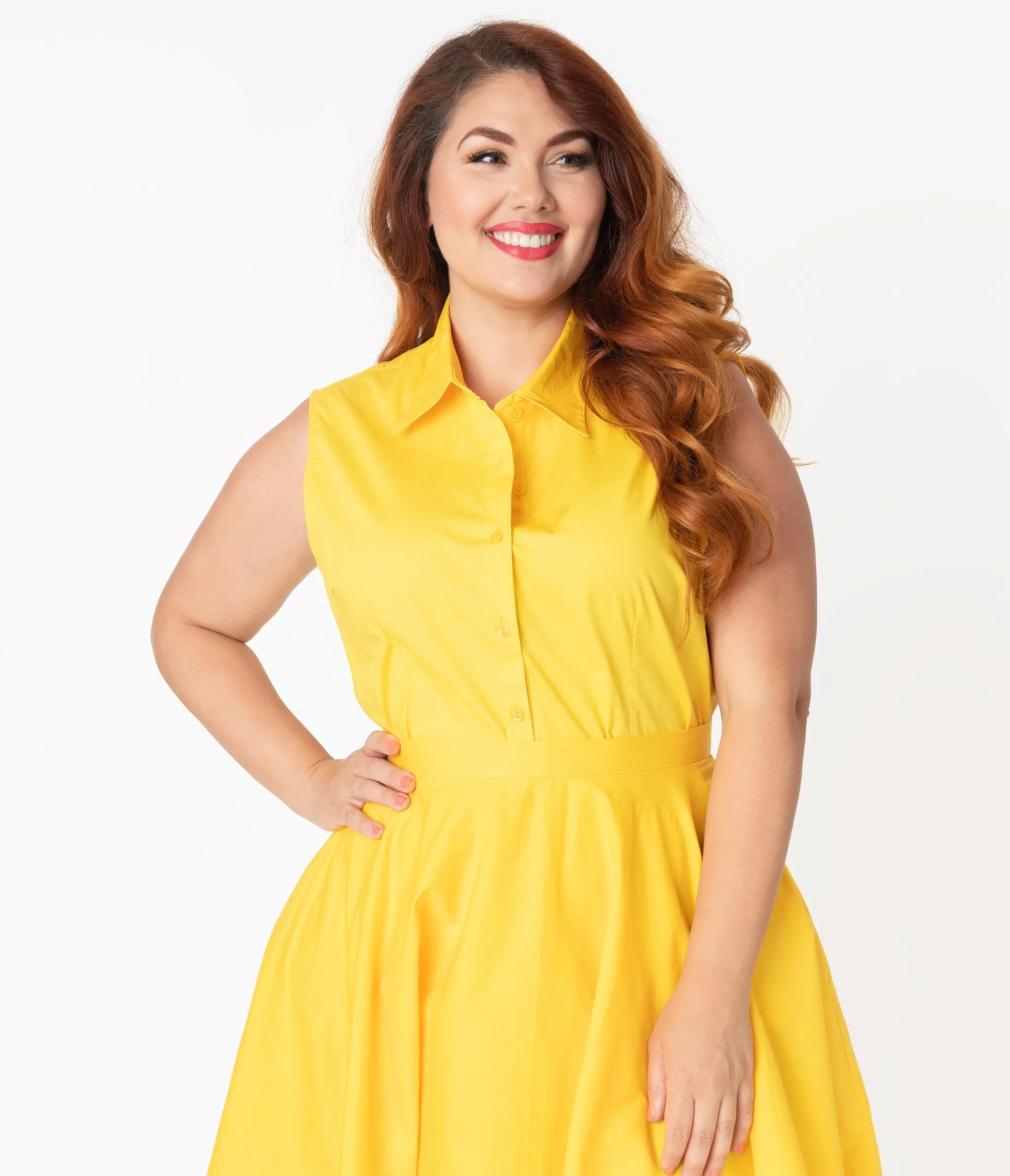 Plus Size Yellow Sleeveless Collared Cotton Button Up Blouse