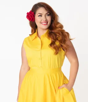 Plus Size Yellow Sleeveless Collared Cotton Button Up Blouse