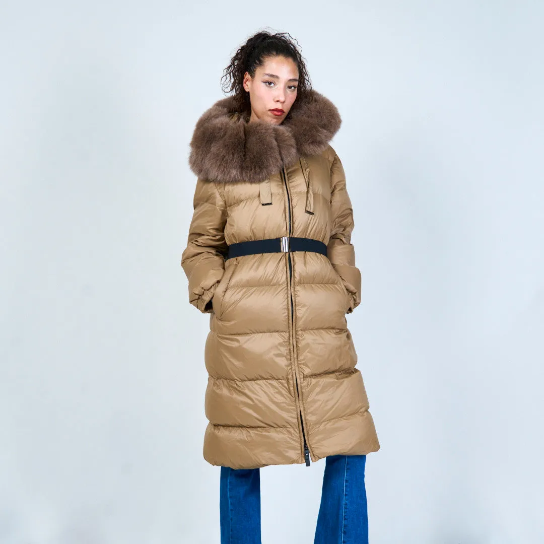 Puffer duck down coat with fur-trimmed hood wholesale