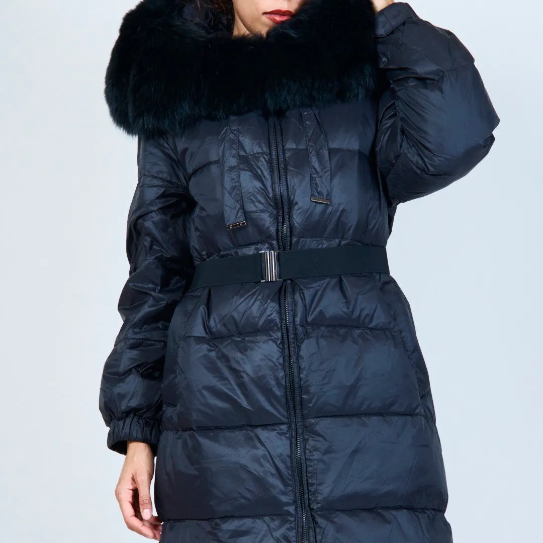 Puffer duck down coat with fur-trimmed hood wholesale