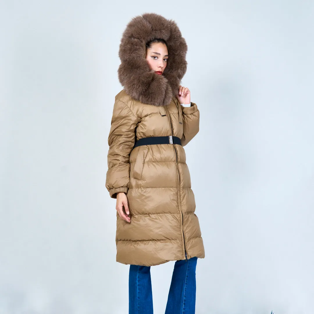 Puffer duck down coat with fur-trimmed hood wholesale