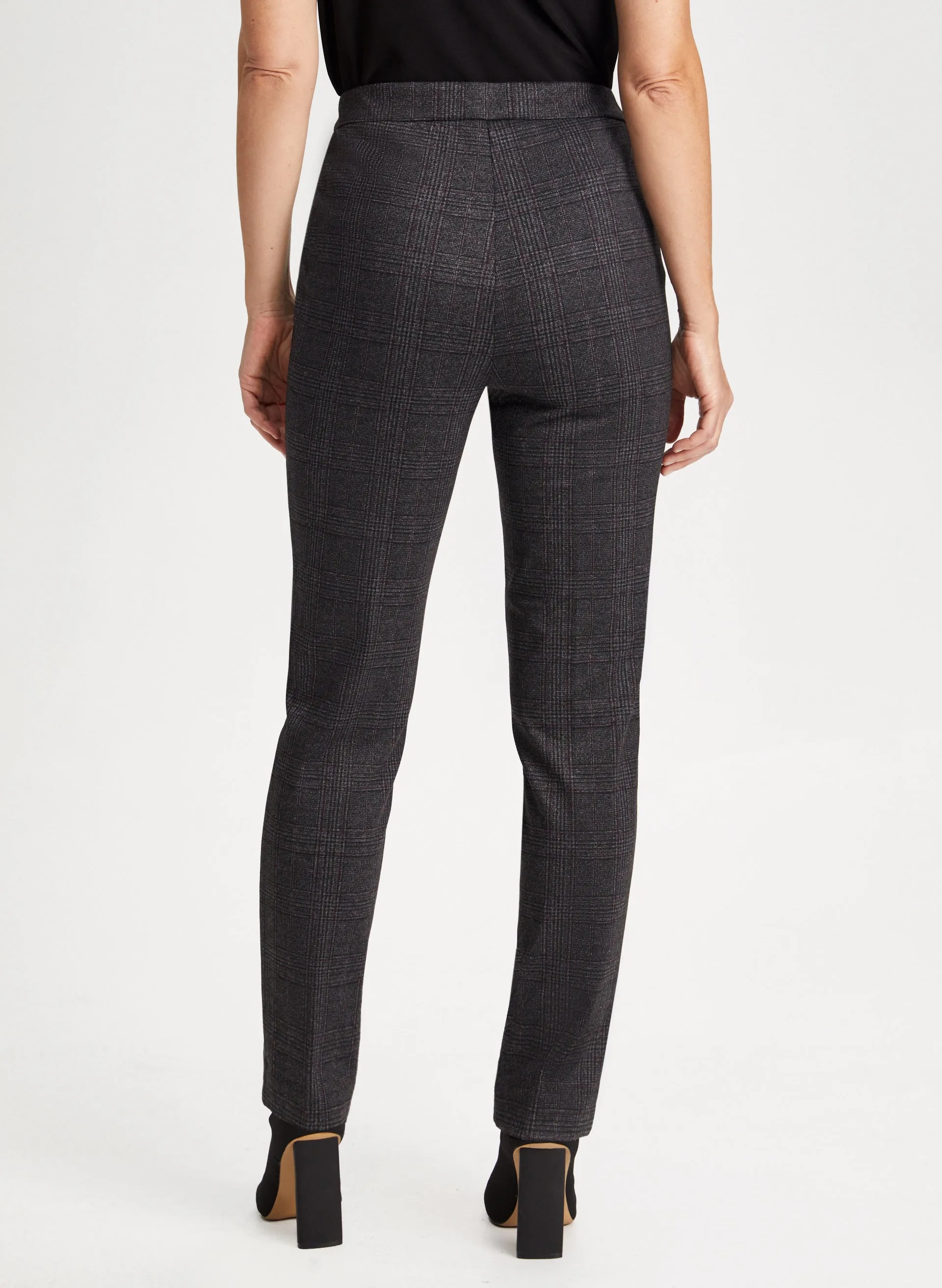 Pull-On Checkered Print Slim Leg Pants