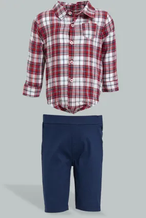 Red and White Checkered Shirt With Navy Trouser Set For Babies (2 Piece)