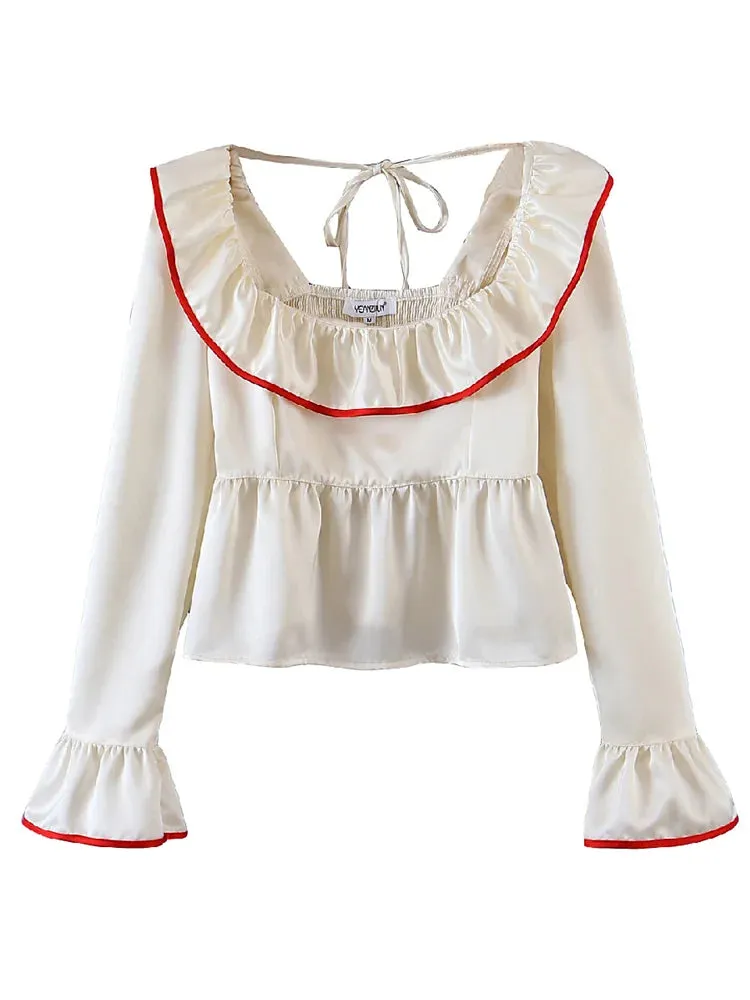 Retro French Wood Ruffles Square Elastic Blouse