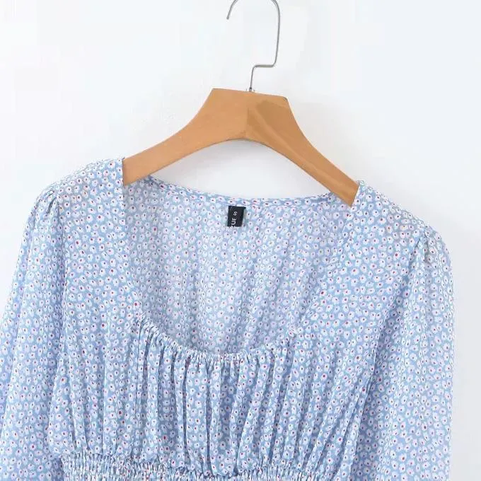 Retro Pleated Blue Floral Print Long sleeve Cropped Shirt