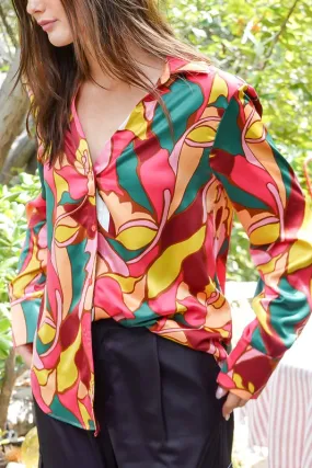 Retro Print Satin Blouse