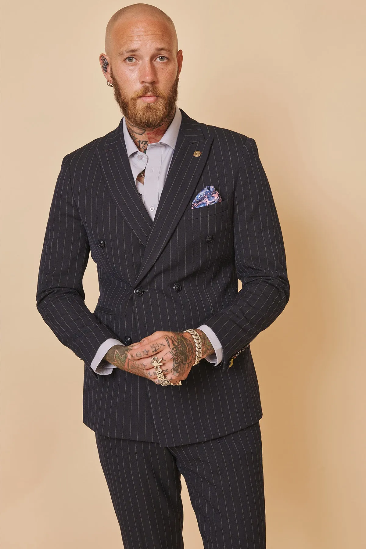 ROCCO - Navy Pinstripe Double Breasted Two Piece Suit