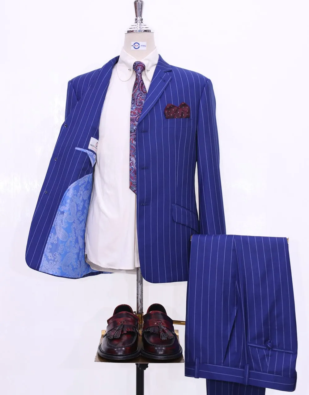 Royal Blue and White Pinstripe Suit