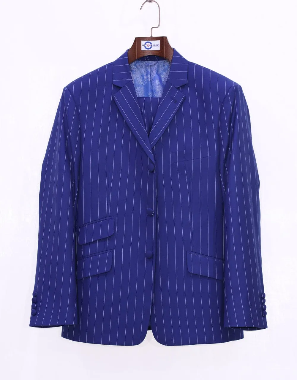 Royal Blue and White Pinstripe Suit