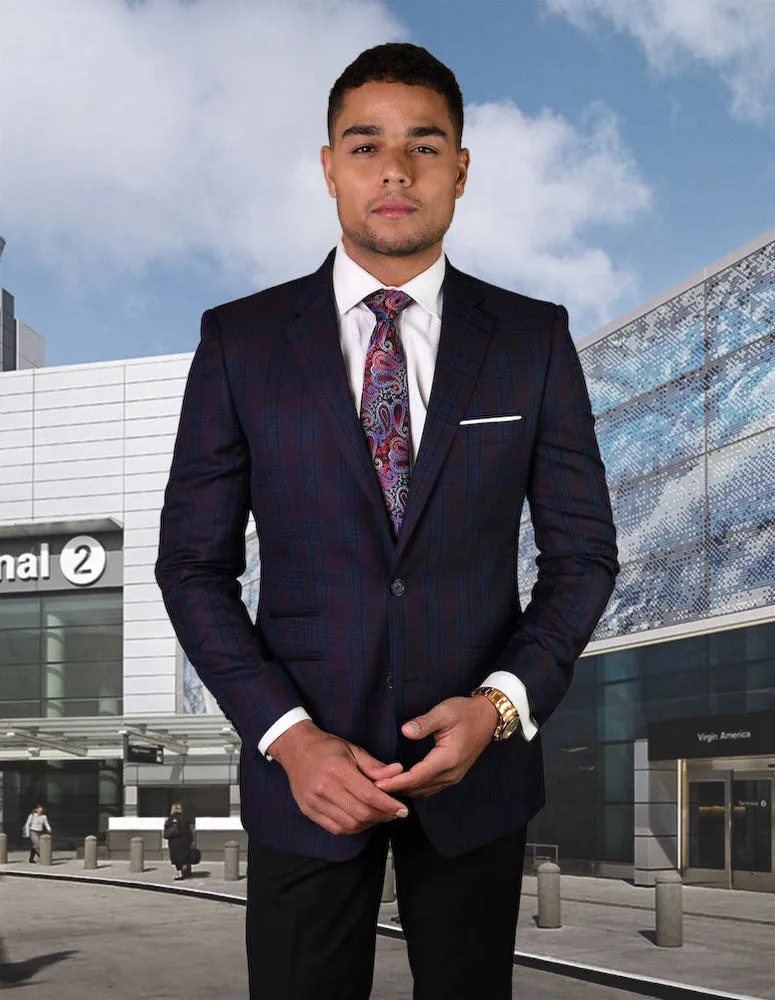 Statement Sapphire Plaid Jacket. Sports Coats. Super 150's Italian Wool| GIGLIO-12| Burgundy