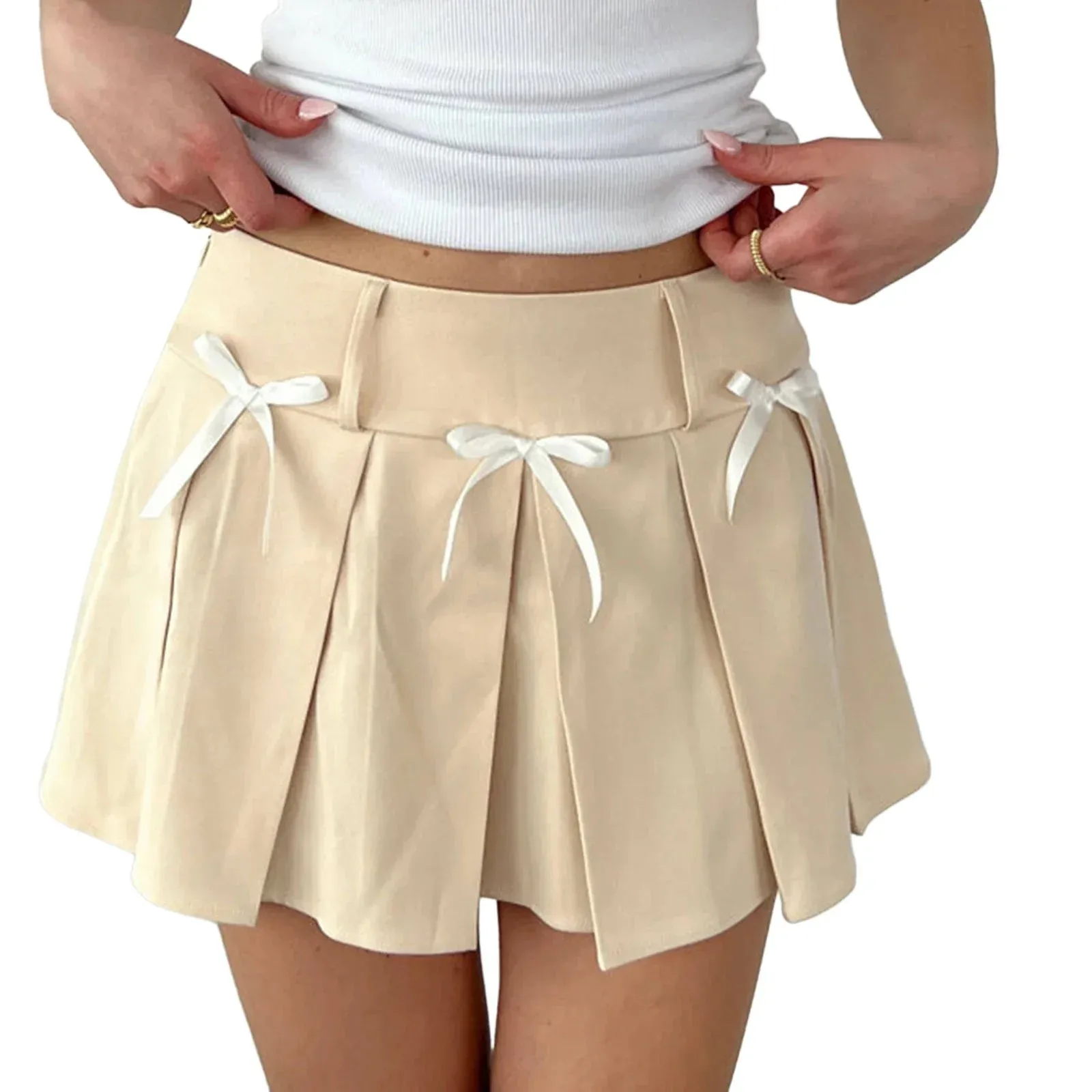 Summer Solid Color High Waist Bow A-Line Streetwear Aesthetic Pleated Skirt