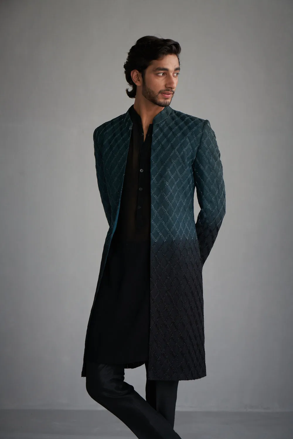 Teal Black Ombre Cutdana Sherwani