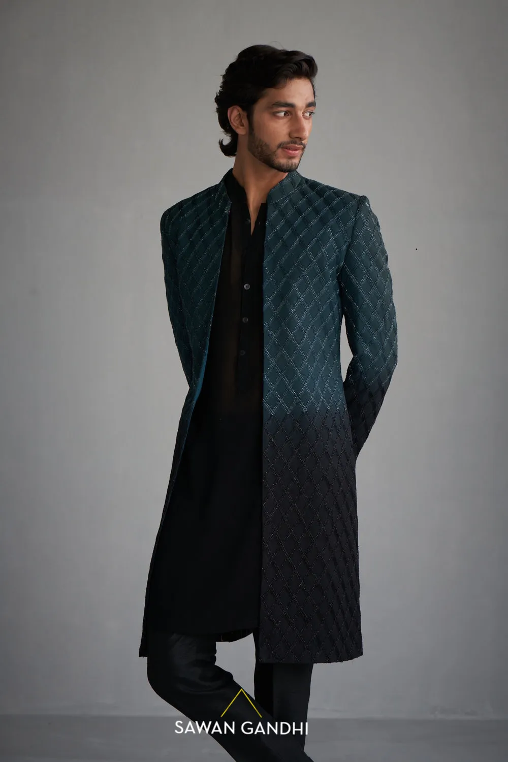 Teal Black Ombre Cutdana Sherwani