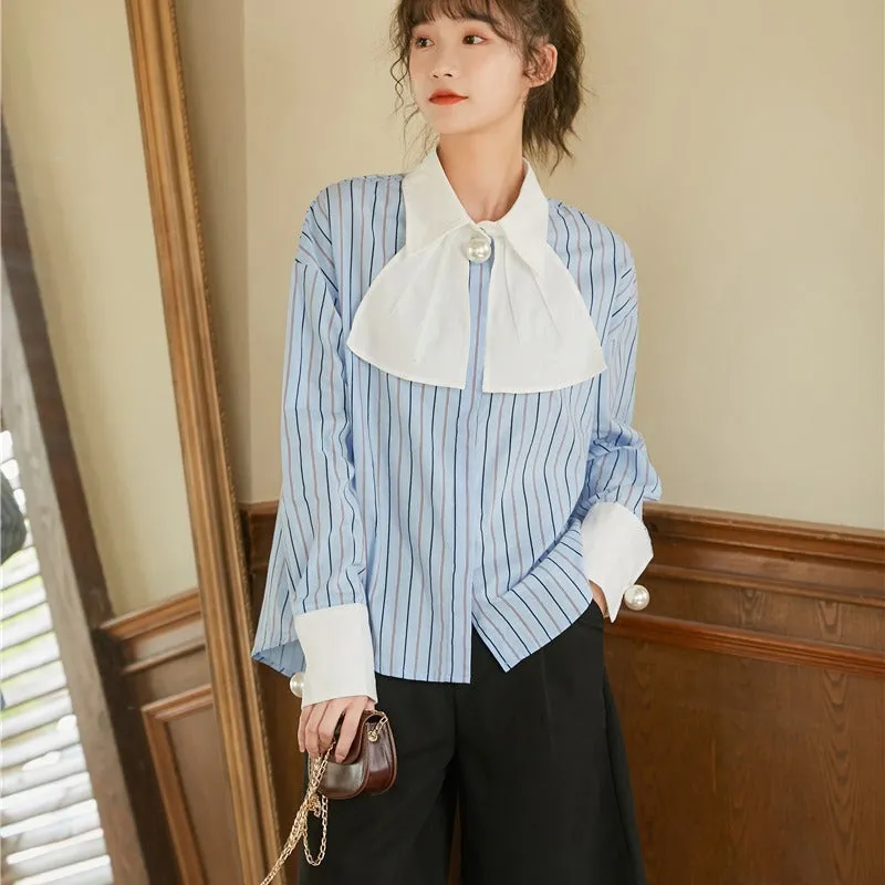 Tie pearl bow tie striped shirt female design niche retro vertical striped top