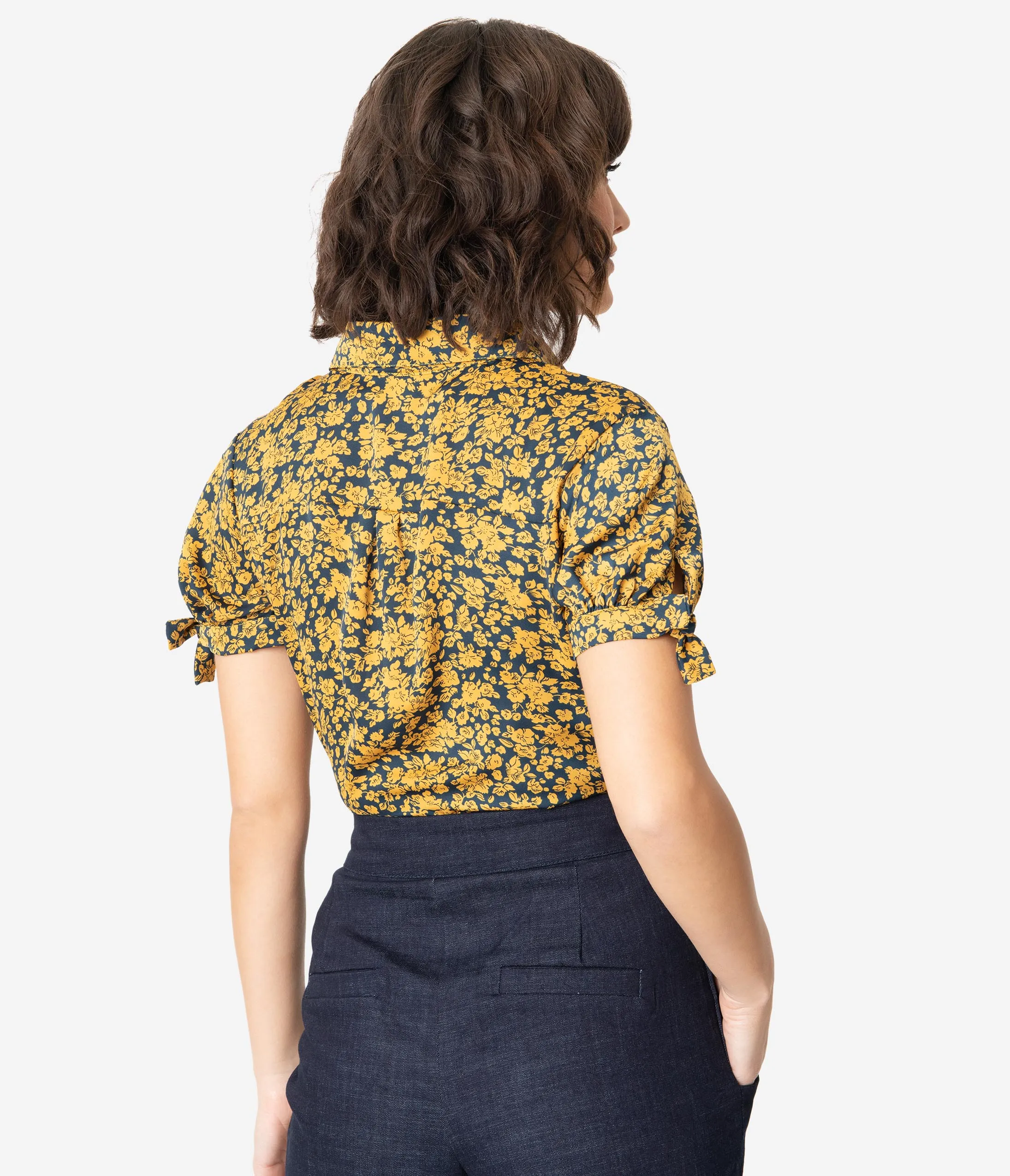 Unique Vintage Navy & Mustard Floral Colvin Blouse