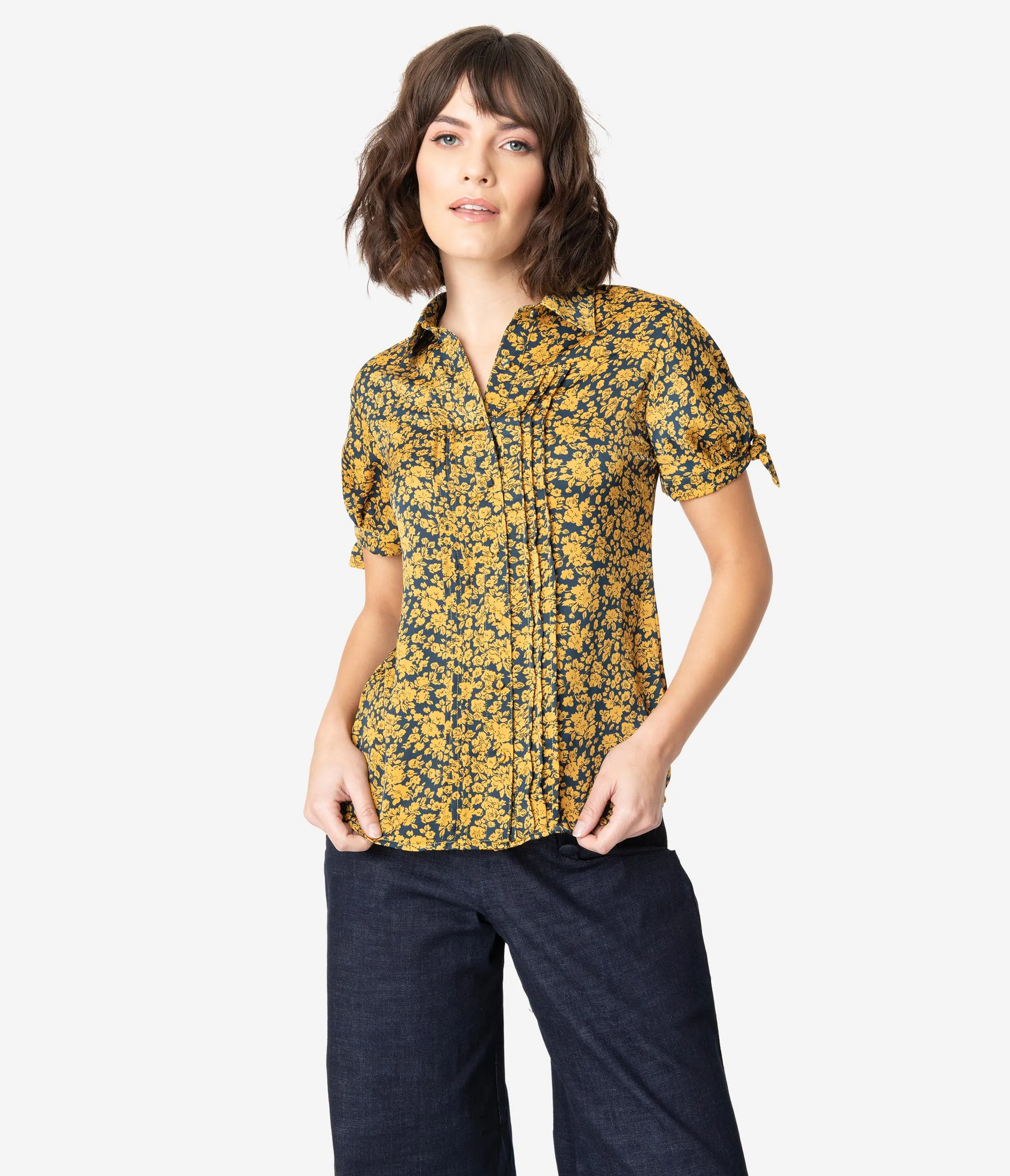 Unique Vintage Navy & Mustard Floral Colvin Blouse