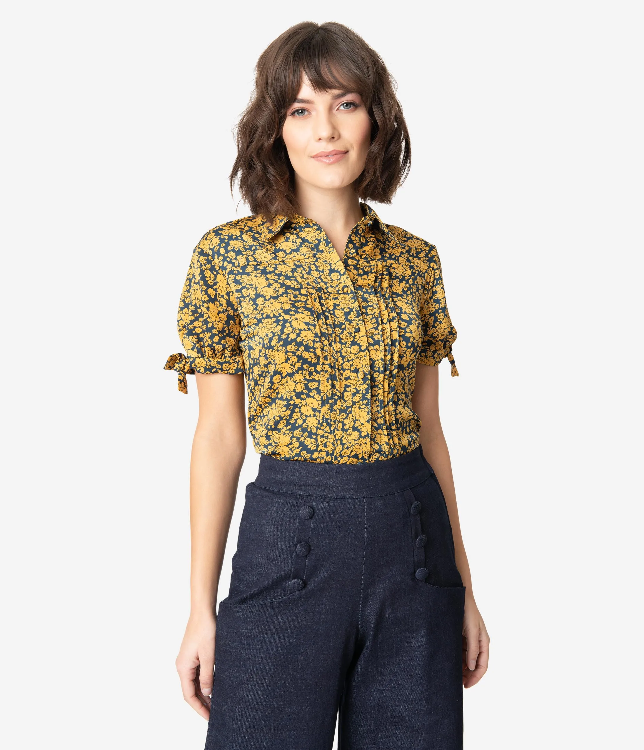 Unique Vintage Navy & Mustard Floral Colvin Blouse