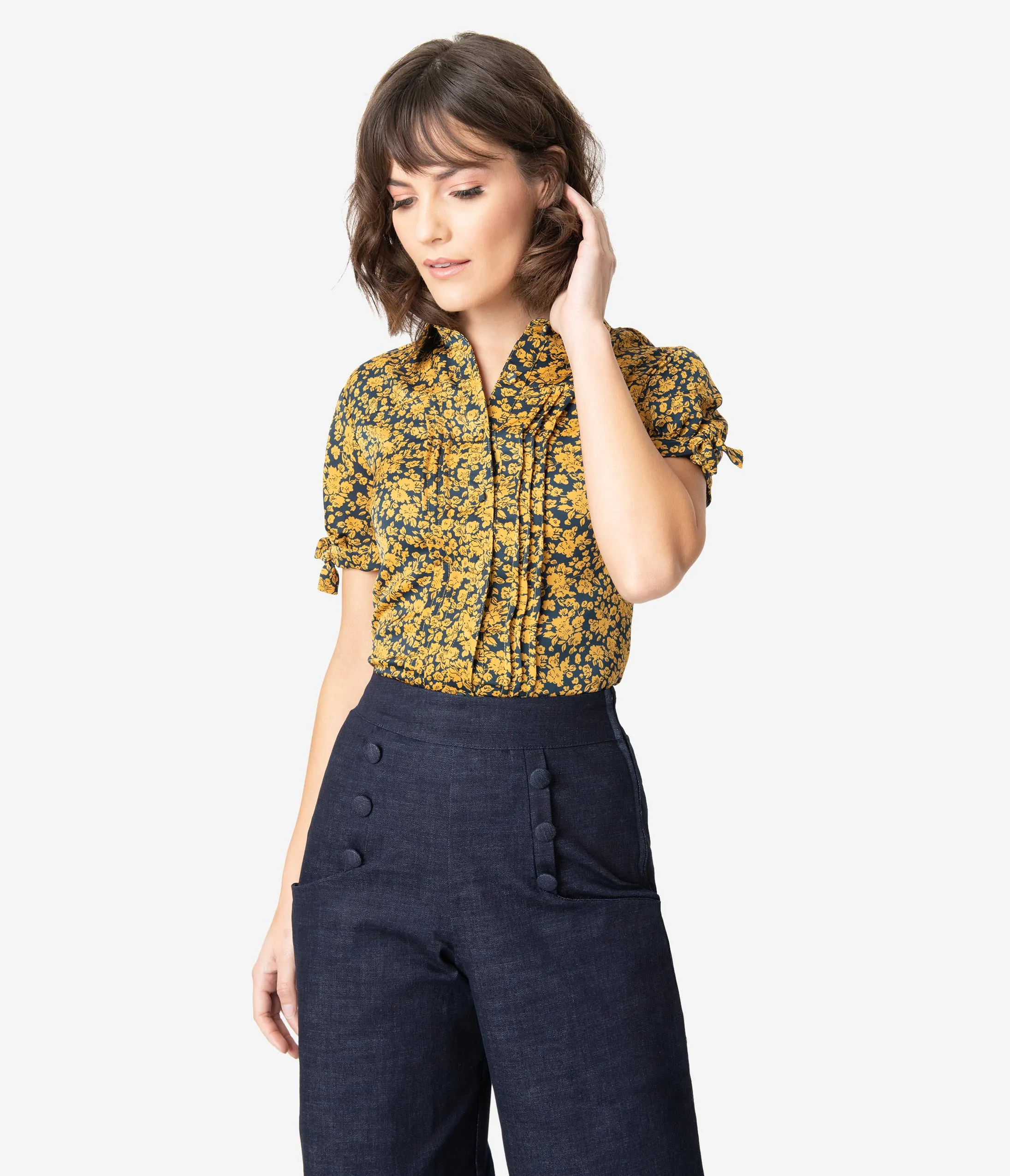 Unique Vintage Navy & Mustard Floral Colvin Blouse