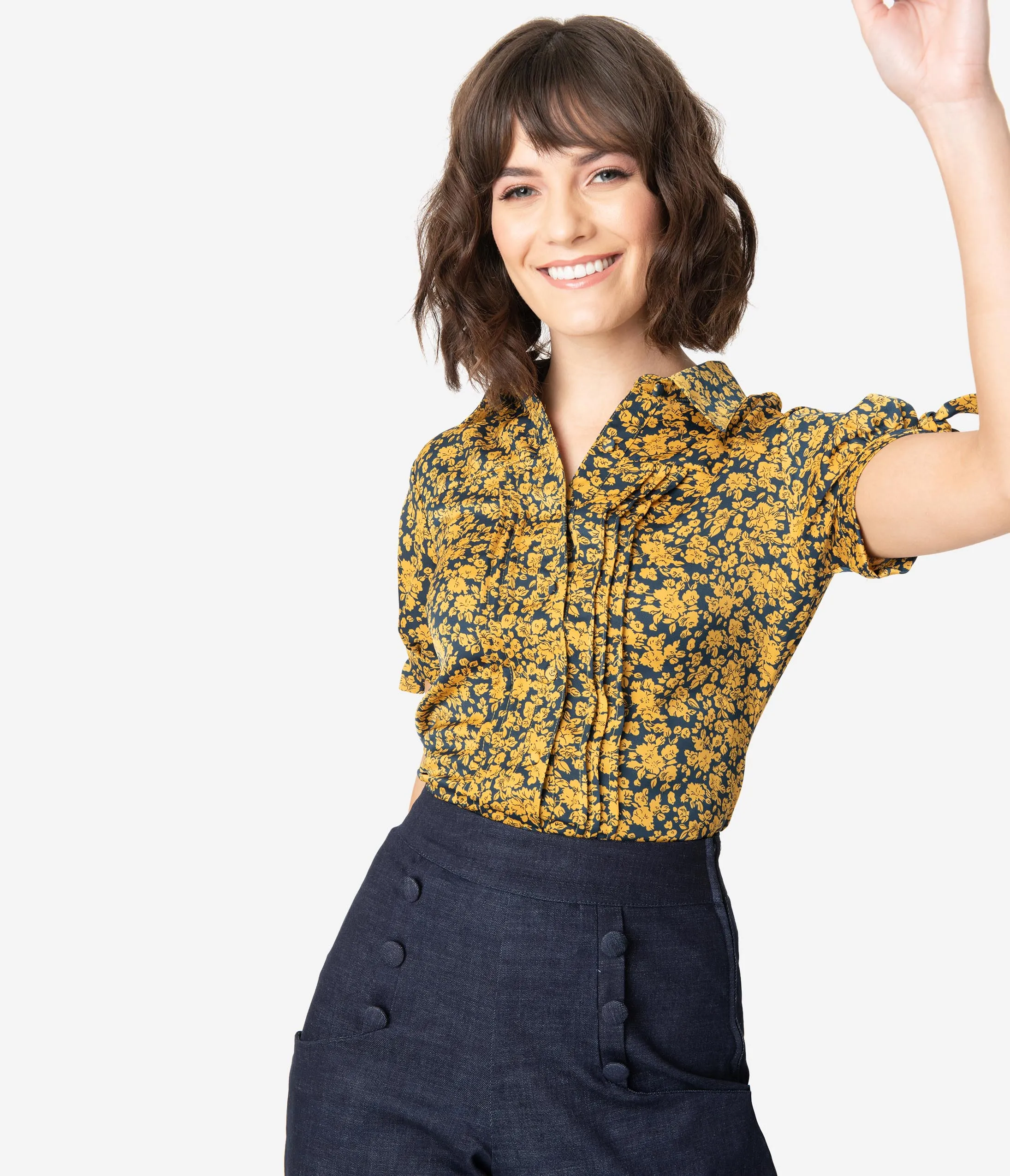 Unique Vintage Navy & Mustard Floral Colvin Blouse