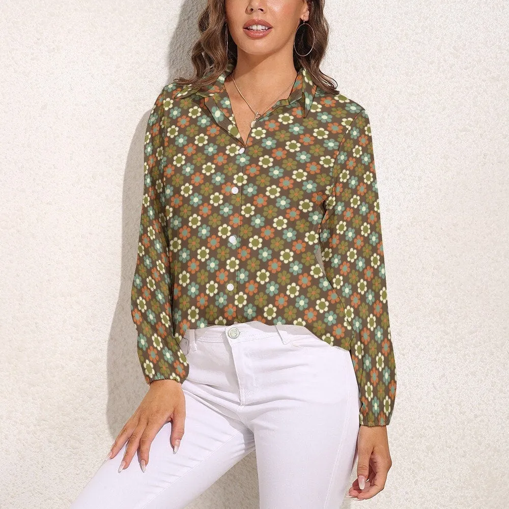 Vintage Style Tops, Retro Shirt Women, Olive Green Top, Mod 60s Top, 60s Style Top, Mod Floral Top, Floral Blouse, Semi Sheer Top