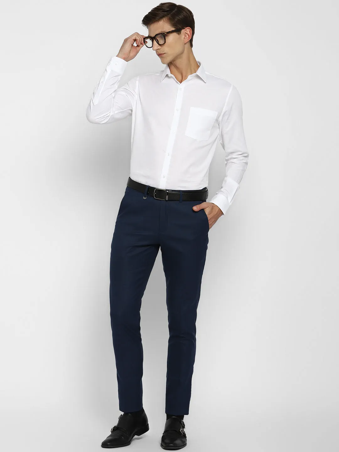 White Self Design Cotton Slim Fit Shirts