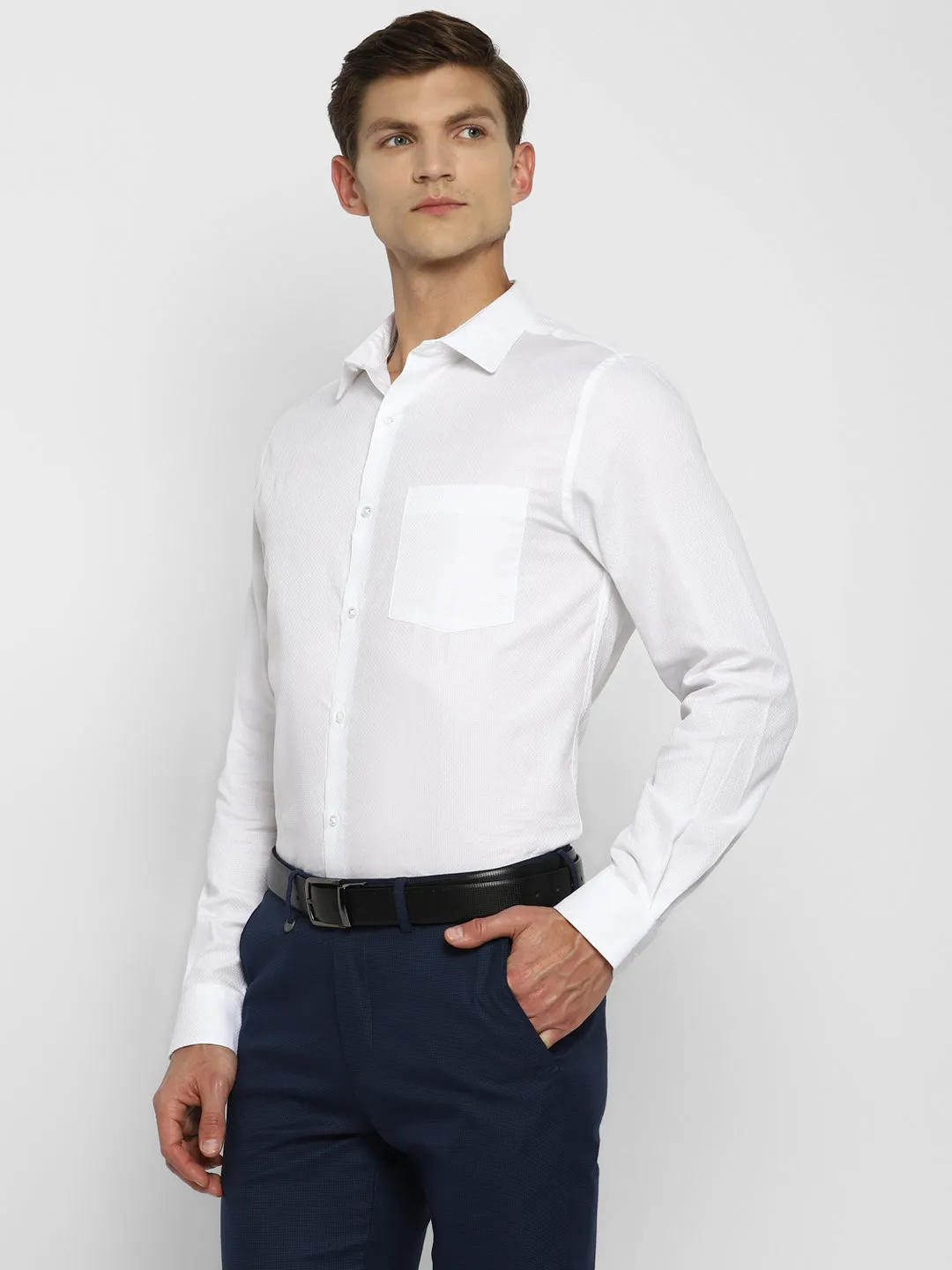 White Self Design Cotton Slim Fit Shirts