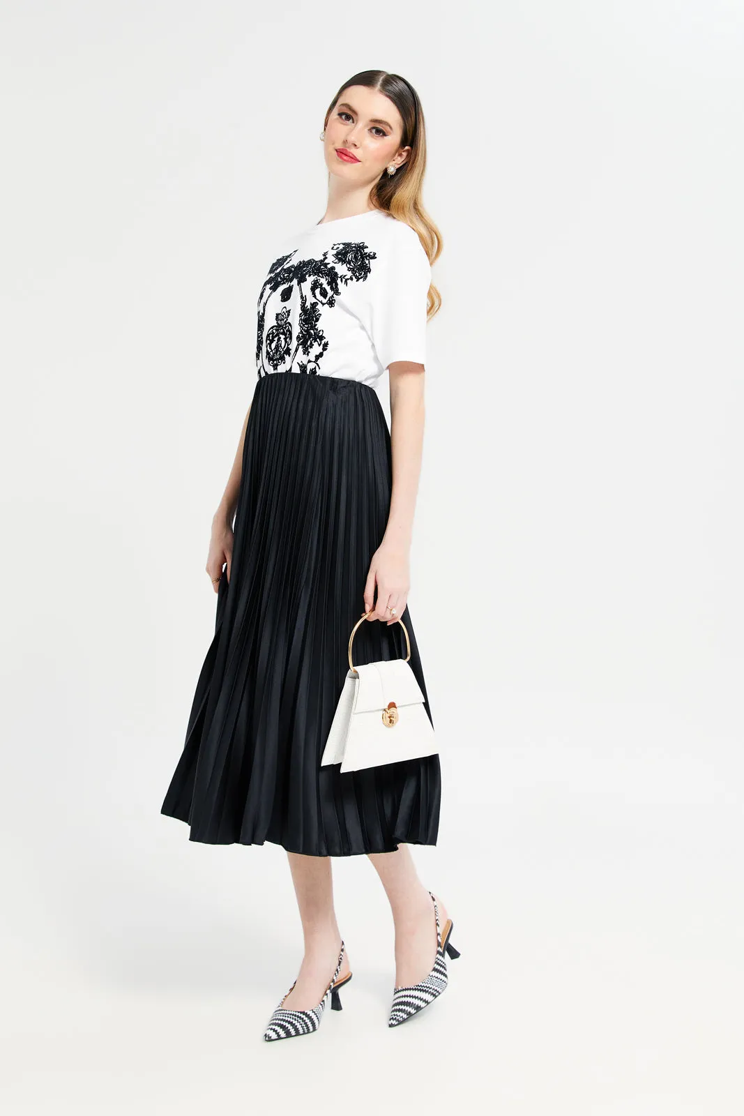 Women Black Satin Pleated Skirt