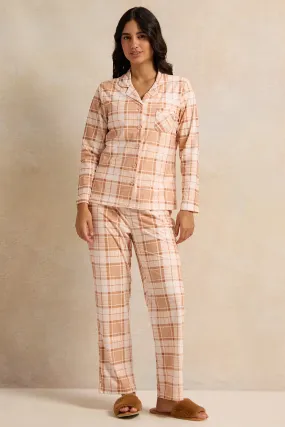 Women Orange Checkered  Pajama Set (2 Piece)