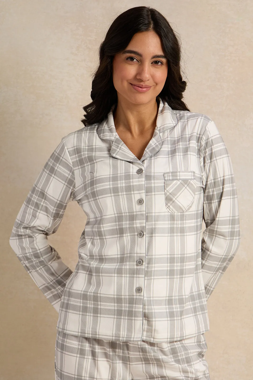 Women White Checkered Pajama Set (2 Piece)