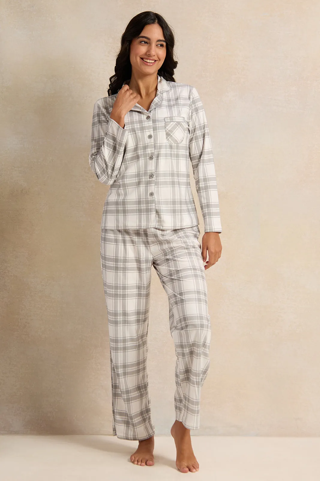 Women White Checkered Pajama Set (2 Piece)