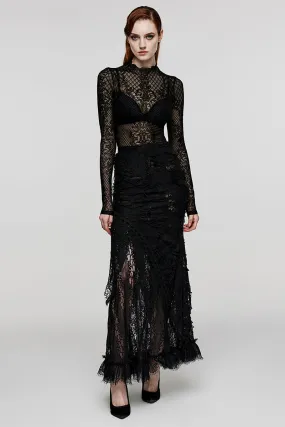 Women's Black Knit Lace Gothic Hallowmas Ripped Club Dark Feel Long Skirt