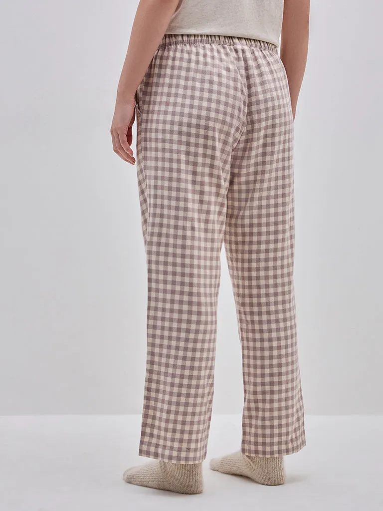 Wunderlove Beige Checkered High-Rise Lounge Pants